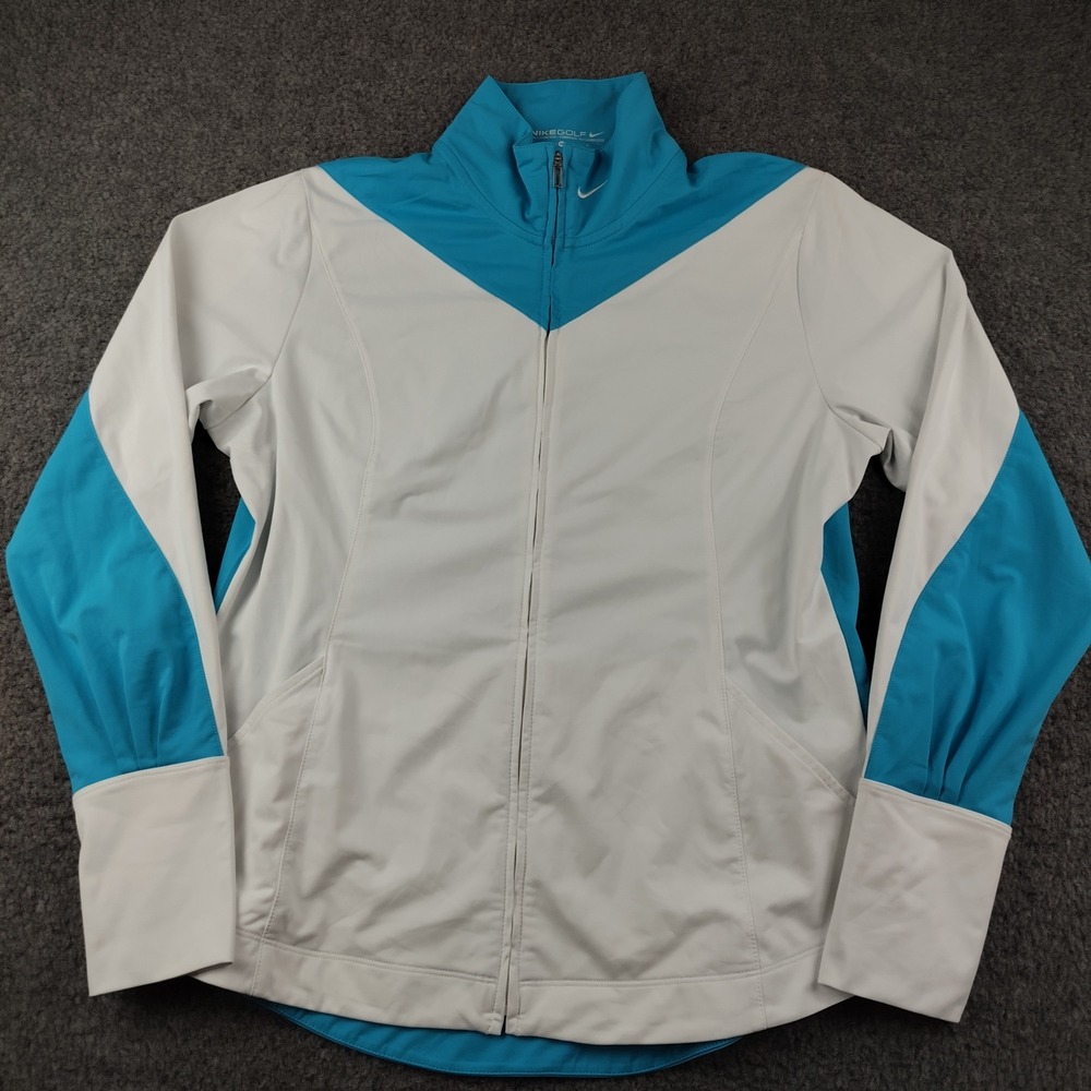 Nike Golf Dri-FIT Full Zip Jacket Womens Medium White Blue Colorblock Sporty